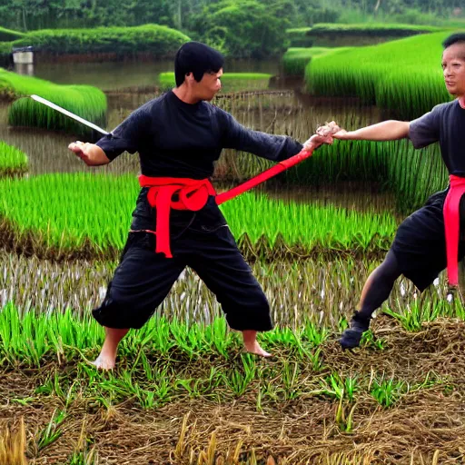 Image similar to ninja training in a rice fields fighting with a giant monster lobster