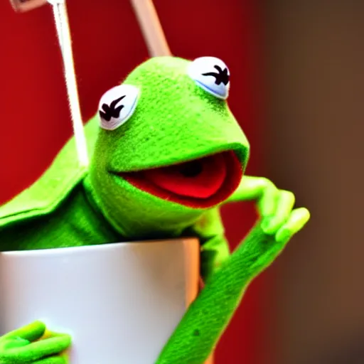 Image similar to Kermit the frog as a sock puppet, ringing a bell, high definition, award winning