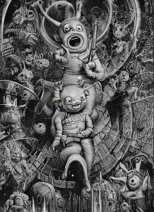 Prompt: disgusting teletubbies horror movie poster, grotesque, scary, high details, intricately detailed, by vincent di fate, artgerm julie bell beeple, inking, 1990s, vintage 90s print, screen print