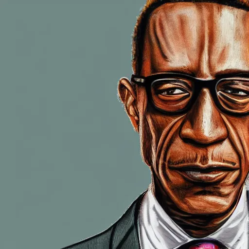 Image similar to realistic detailed portrait of gus fring with half of his face replaced by robotic parts