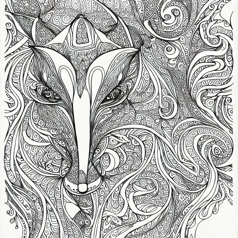 Image similar to fox ornaments fractal ink drawing line art colouring page, vector, margins, fine lines, centered