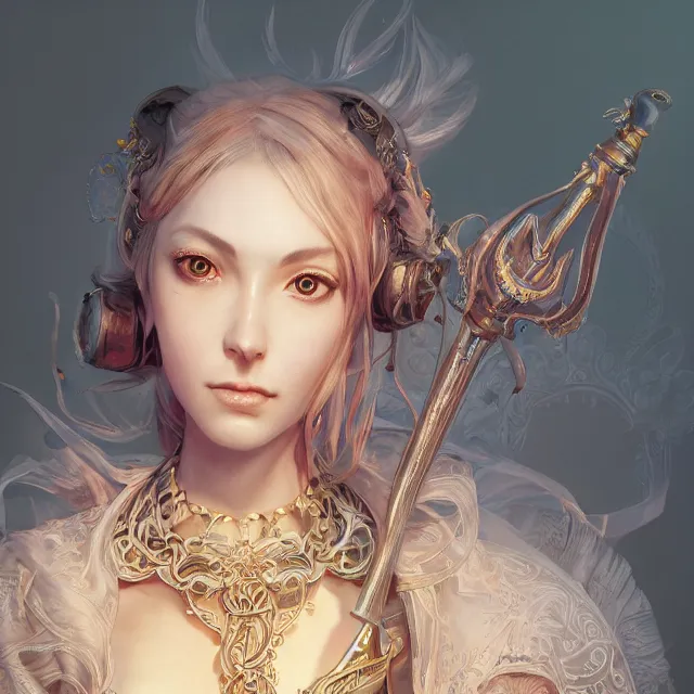 Image similar to studio portrait of neutral good colorful female cleric bard healer as absurdly beautiful, elegant, young sensual pretty woman, ultrafine hyperrealistic detailed face illustration by kim jung gi, irakli nadar, intricate linework, sharp focus, bright colors, matte, octopath traveler, final fantasy, unreal engine highly rendered, global illumination, radiant light, intricate environment