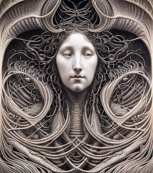 Prompt: detailed realistic beautiful wave goddess face portrait by jean delville, gustave dore, iris van herpen and marco mazzoni, art forms of nature by ernst haeckel, art nouveau, symbolist, visionary, gothic, neo - gothic, pre - raphaelite, fractal lace, intricate alien botanicals, ai biodiversity, surreality, hyperdetailed ultrasharp octane render