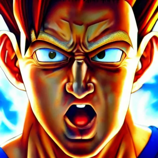 Image similar to ultra realistic portrait painting of mark zuckerberg as super saiyan 3 goku, art by akira toriyama, 4 k, dragon ball artstyle, cel shaded, highly detailed, epic lighting