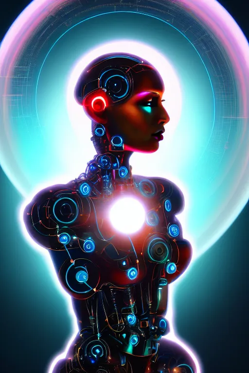 Prompt: portrait of the goddess of artificial intelligence as a half robotic beautiful girl, in front of a shining orb of data, threads of light in the background, detailed eyes, extremely high quality artwork, very detailed, trending on artstation