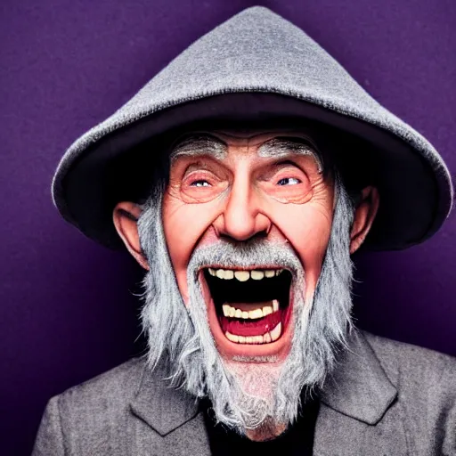 Image similar to an old bald mad wizard with bushy grey eyebrows, long grey hair and wearing a grey wizard hat, disheveled, wise old man, wearing a purple detailed coat, a bushy grey beard, sorcerer, he is yelling and laughing