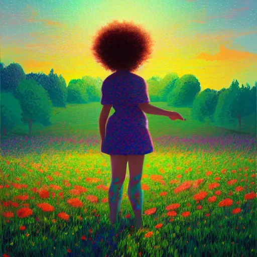 Image similar to girl with one flower afro, standing in a field with flowers, hills, big trees, sunrise dramatic light, impressionist painting, colorful clouds, digital painting, pointillism, artstation, simon stalenhag