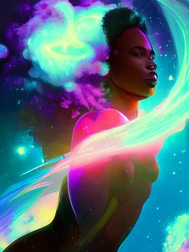 Image similar to digital painting of a black female celestial being experiencing nirvana in space, colorful nebulas in the background, highly detailed, intricate design, 8k, artstation, illustration by Victor Mosquera, Krenz Cushart