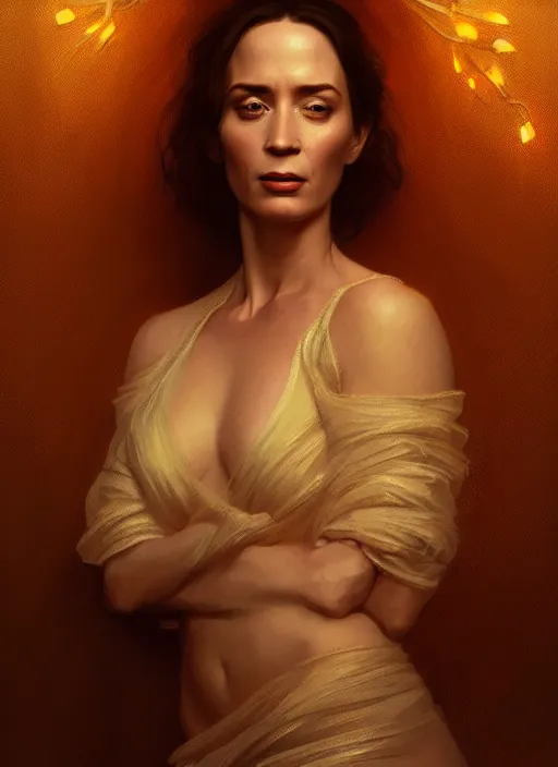 Image similar to portrait of emily blunt, intricate, elegant, glowing lights, highly detailed, digital painting, artstation, glamor pose, concept art, smooth, sharp focus, illustration, art by wlop, alphonse mucha and craig mullins