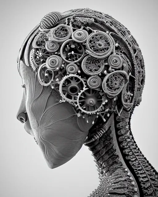 Prompt: mythical black and white organic bio-mechanical spinal ribbed profile face portrait detail of silver mechanical beautiful female angelic-queen-vegetal-cyborg, highly detailed, intricate steampunk flower ornate, poetic, 3D render, digital art, octane render, 8K artistic photography, photo-realistic, by Dora Maar