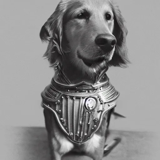 Prompt: portrait of a golden retriever wearing armour in victorian london and sunglasses, 8 k