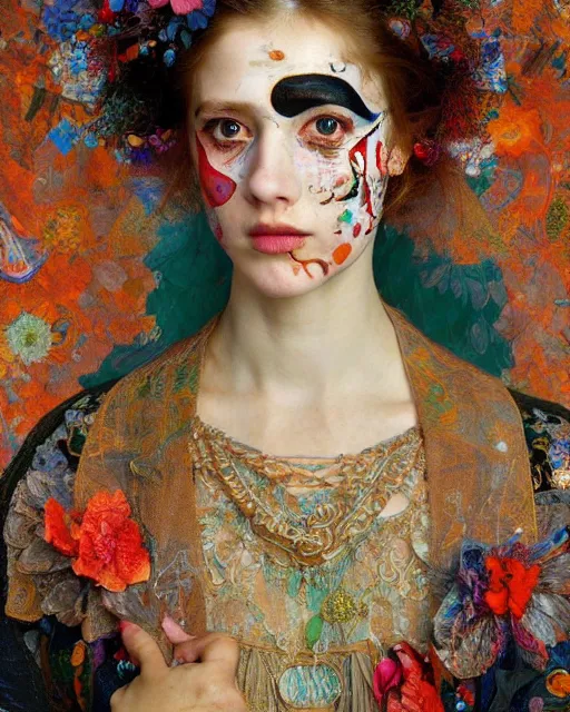 Image similar to a beautiful girl wearing colourful face paint surrounded by bright intricate patterns, by edgar maxence and caravaggio and michael whelan, intricate painting, hyper realistic, extremely detailed and beautiful aesthetic face, 8 k resolution