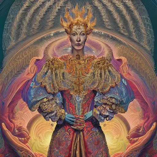 Image similar to beautiful oil painting, full length portrait of dauphinois in baroque coronation robes 1701, Dan Mumford, Dan Mumford, Alex grey, highly detailed , lsd visuals, dmt fractal patterns, hallucinogen, visionary art, psychedelic art, ornate, vaporwave, baroque, Greg rutkowski