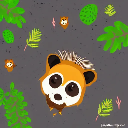 Image similar to a cute racoon with a fried egg on its head, walking in a city that is also a forest, digital art, bird eye view