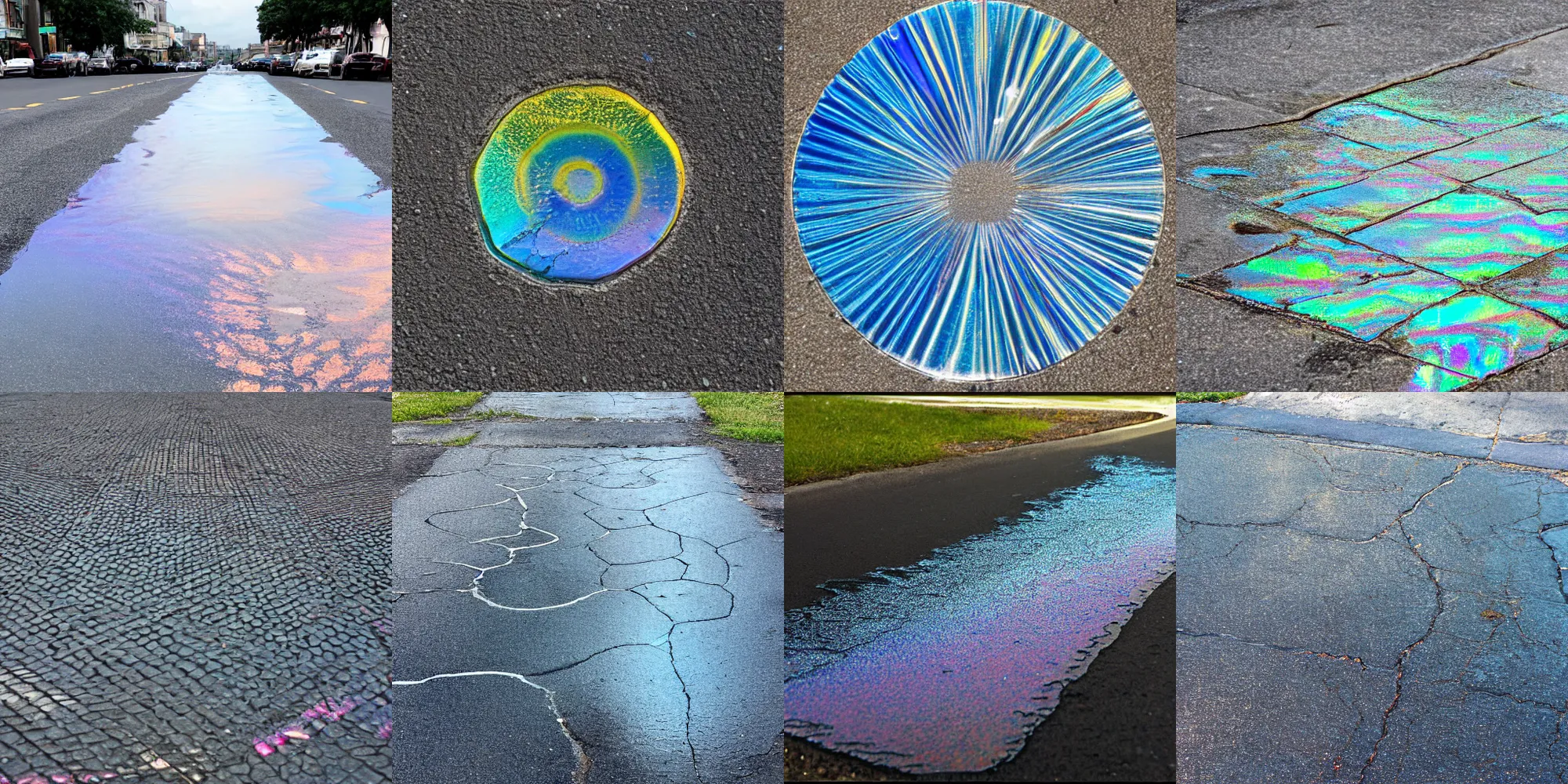 Prompt: iridescence puddles asphalt