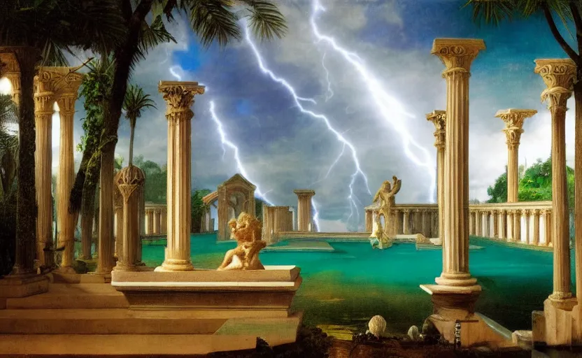 Image similar to Palace of the occult, mediterranean balustrade and columns, refracted sparkles, thunderstorm, greek pool, beach and Tropical vegetation on the background major arcana sky and occult symbols, by paul delaroche, hyperrealistic 4k uhd, award-winning, very detailed paradise