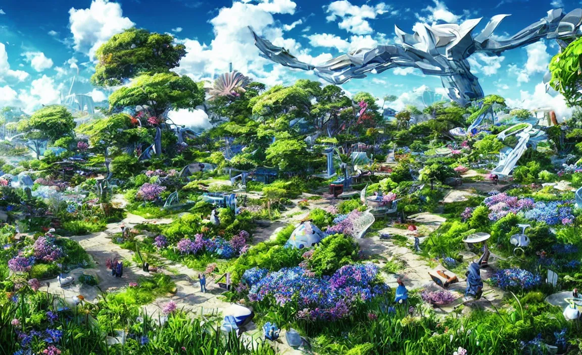 Image similar to big garden ， a sunny day ， outdoors ， the blue sky and white clouds ， beautiful scenery, future science fiction. game cg, hyperdetailed, trending on cgsociety