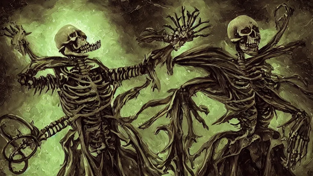 Prompt: an artwork of a skeleton overlord magician with a coat casting a spell with green ornaments, elden ring style