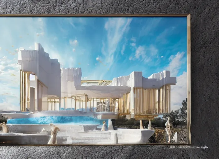 Image similar to modern chic futuristic royal house with gold intricate details at Pamukkale, thermal waters flowing down white travertine terraces, ethereal and dreamy heavenly clouds, golden hour, royal blue specks of emotions, holy, divine, heavenly kingdom, intricate, elegant, luxurious, digital painting, concept art, smooth, sharp focus, from Star Trek 2021, illustration, by WLOP and Ruan Jia and Mandy Jurgens and William-Adolphe Bouguereau, Artgerm