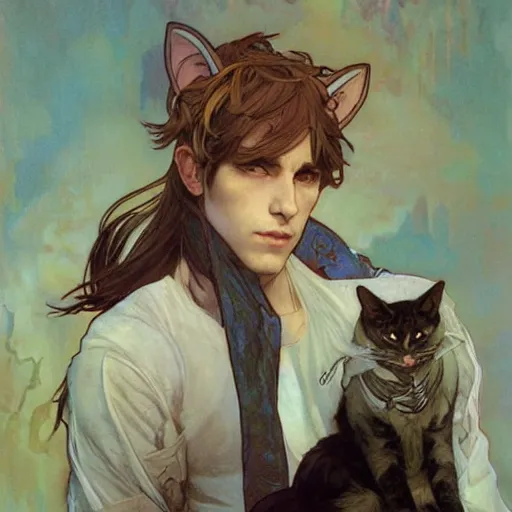 Image similar to Portrait of a pretty fantasy catboy with cat ears. Art by Greg Rutkowski and Alphonse Mucha