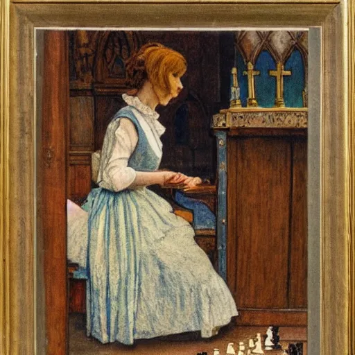 Prompt: a young edwardian woman playing chess against a rabbit inside a church in the style of Carl Larsson