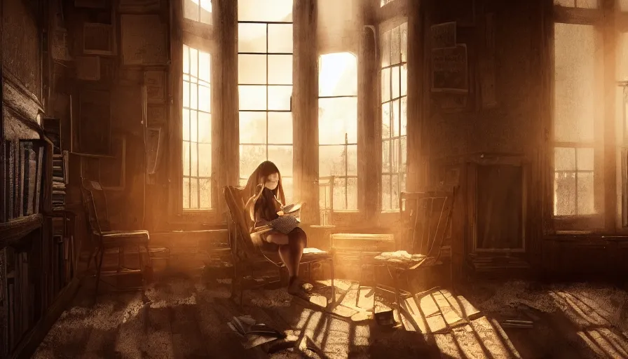 Prompt: young girl reading a book on an old chair in a dusty attic, old library covered by cobwebs, dusty dirty floor, sunset light through round old dusty windows, hyperdetailed, artstation, cgsociety, god rays, 8 k