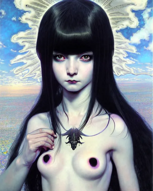 Image similar to portrait of beautiful cute young goth maiden girl with short white hairs in warhammer bikini armor, art by ( ( ( kuvshinov ilya ) ) ) and wayne barlowe and gustav klimt and artgerm and wlop