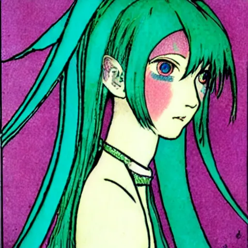 Image similar to Hatsune miku by Harry Clarke, anime style