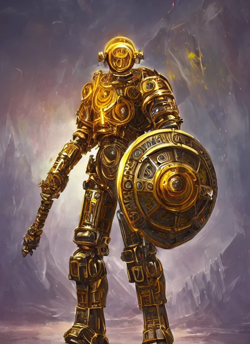Image similar to full body, attack position abstract portrait of a intricate ornate holy mechanical warforged with circular glowing eye, character in yellow armor holding a legendary paladin engraved great longsword drawn and carrying a huge heavy paladin shield, vertically flat head, face in focus, epic , trending on ArtStation, masterpiece, cinematic lighting, by Ross Tran and by Greg Rutkowski