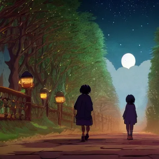 Image similar to magical giant creature walking in the night made by studio ghibli, beautifl scene, smooth, 8 k, high details, high quality