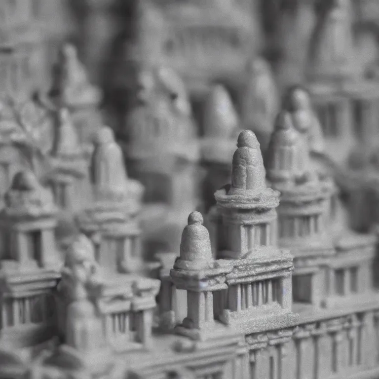 Prompt: close - up of a miniature marble temple, film photo, soft lighting album cover, nostalgia, gradient, tilt shift