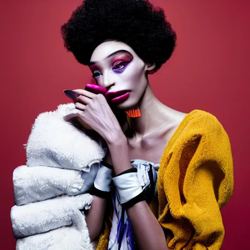 Image similar to realistic photoshooting for a new balenciaga lookbook, vhs colour photography, portrait of model Winnie Harlow woman, in style of Tyler Mitchell, 35mm,