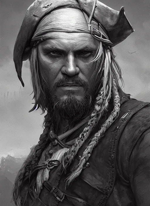 Prompt: Portrait, old pírate captain, Dynamic lighting, cinematic, establishing shot, extremely high detail, foto realistic, cinematic lighting, pen and ink, intricate line drawings, post processed, concept art, artstation, matte painting, style by Raphael Lacoste, Eddie Mendoza