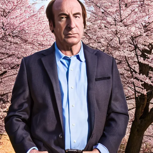 Image similar to saul goodman portrait picture by yousuf karsh, golden hour, realistic, body shot, sharp focus, 8 k high definition, insanely detailed, intricate, elegant, cherry blossoms