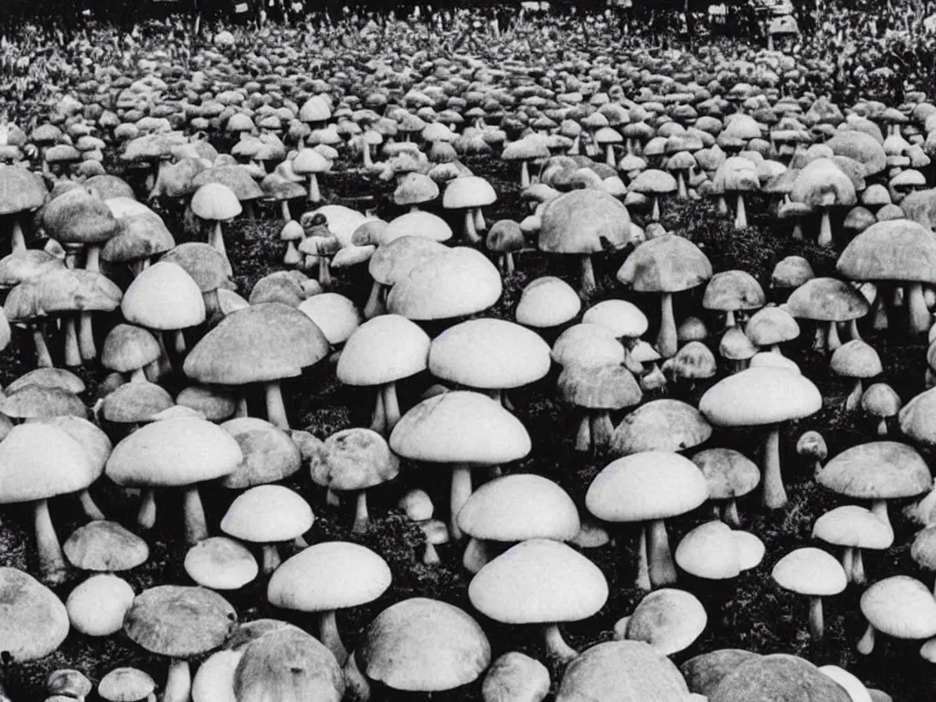 Prompt: 70s photo of giant mushrooms at trippy psychedelic hippy festival Woodstock stage show