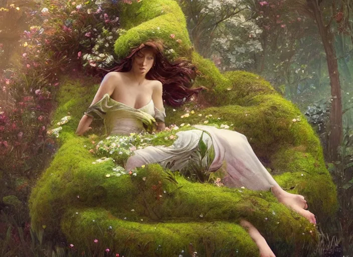 Prompt: a woman and a man made of moss and flowers, beautiful high quality realistic fantasy art, trending on artstation by artgerm and greg rutkowski and alphonse mucha