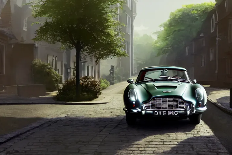 Image similar to a wholesome animation key shot of one focused short shrunk aston martin db 5, on a rich residential london street, waist height, medium range, studio ghibli, ( pixar ) and disney animation, sharp, very detailed, unreal engine 5 render, bloom, high resolution, anime key art by greg rutkowski