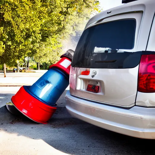 Prompt: minivan backing into a fire hydrant. photograph. high quality.