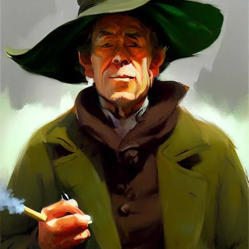 Image similar to greg manchess portrait painting of snufkin smoking a pipe, medium shot, asymmetrical, profile picture, organic painting, rainy day, matte painting, bold shapes, hard edges, street art, trending on artstation, by huang guangjian and gil elvgren and sachin teng