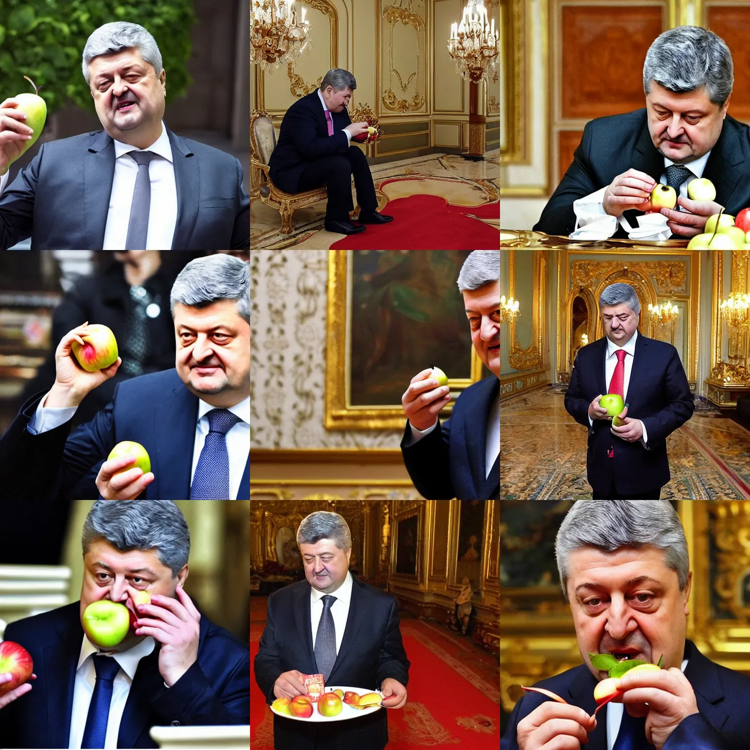 Prompt: Petro Poroshenko eating apple in Versale Palace