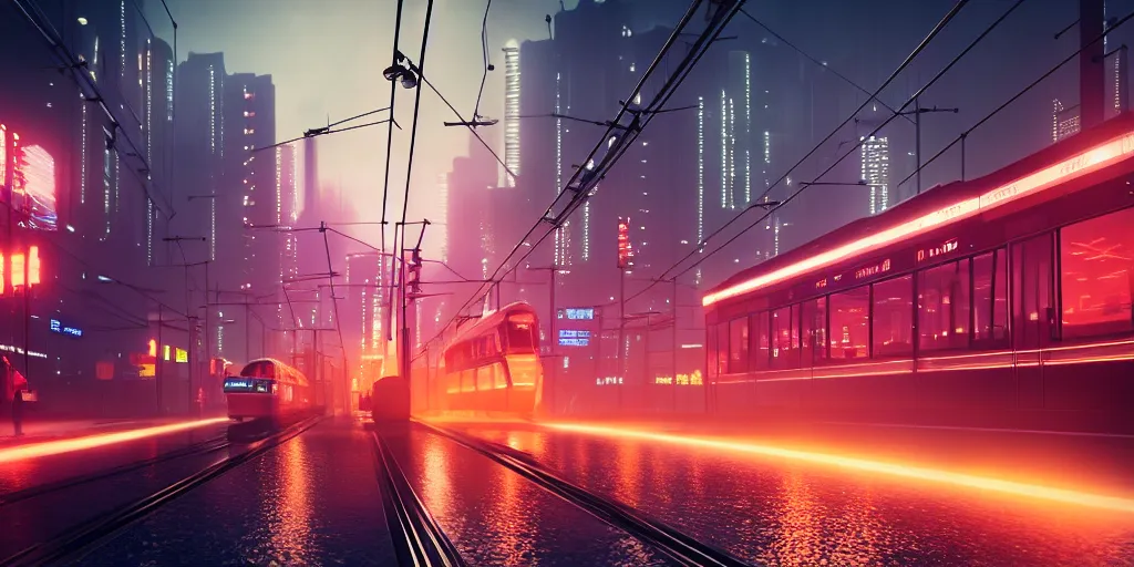 Image similar to tram on viaduct crossing the city at night time ， blade runner 2 0 4 9, 4 k resolution, ultra wide angle, cinematic, octane render