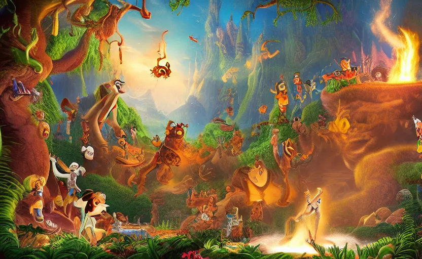 Prompt: Mark Zuckerberg is the giant villain spitting fire to the critters from the coloured Disney animated motion picture released in 1937, beautiful enchanted forest full of critters, directed by Walt Disney, highly detailed background paintings by Thomas Kinkade