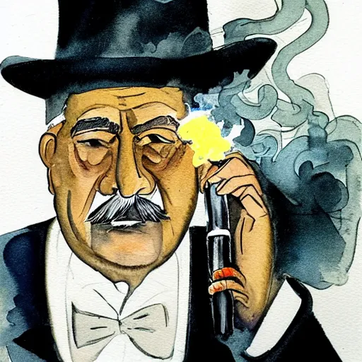 Image similar to portrait of old gray - haired smart mexican magician smoking a pipe, lots of smoke. watercolor with pancil by hugo pratt.