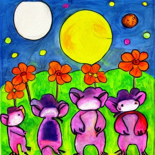 Prompt: opossum, adorable, children's art, colorful, flowers, trees, full moon