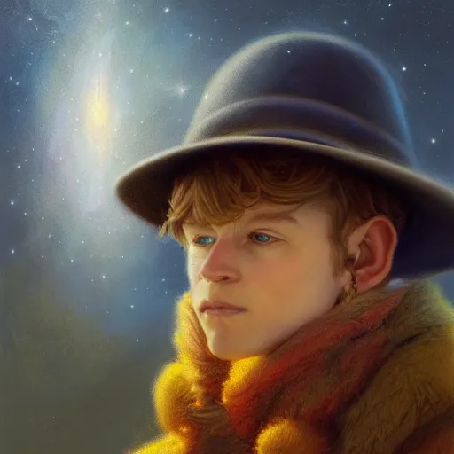 Image similar to epic portrait of snufkin, detailed, nebula skies, digital painting, artstation, concept art, donato giancola, joseph christian leyendecker, wlop, boris vallejo, breathtaking, high details, extremely detailed, sincere face, establishing shot, artistic, hyper realistic, beautiful face, octane render