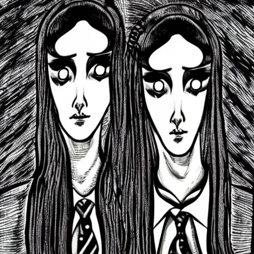 Prompt: black and white illustration creative design, two headed cat, junji ito