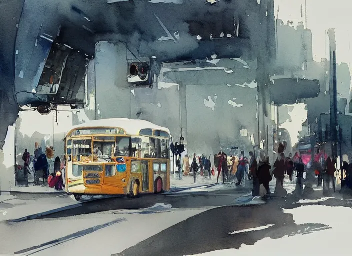 Image similar to concept art of a urban bus, pinterest, artstation trending, behance, watercolor, by coby whitmore, silver, laser light,