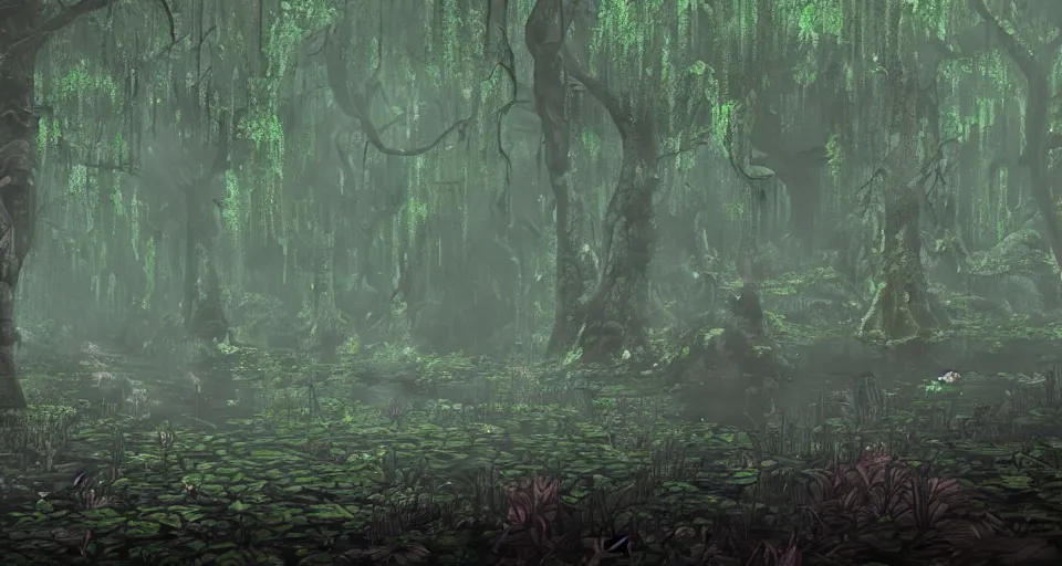 Image similar to A dense and dark enchanted forest with a swamp, from FF7