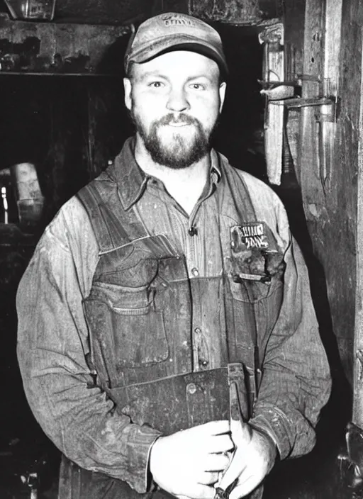 Prompt: old photo of ryan upchurch as a coal miner holding a microphone