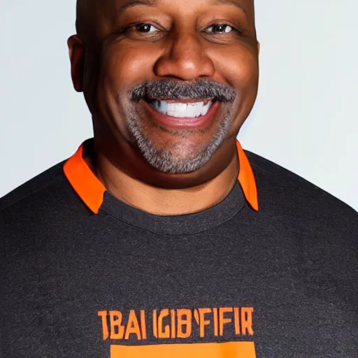 Image similar to a bald middle aged black man with a goatee in an orange gym shirt, high quality portrait